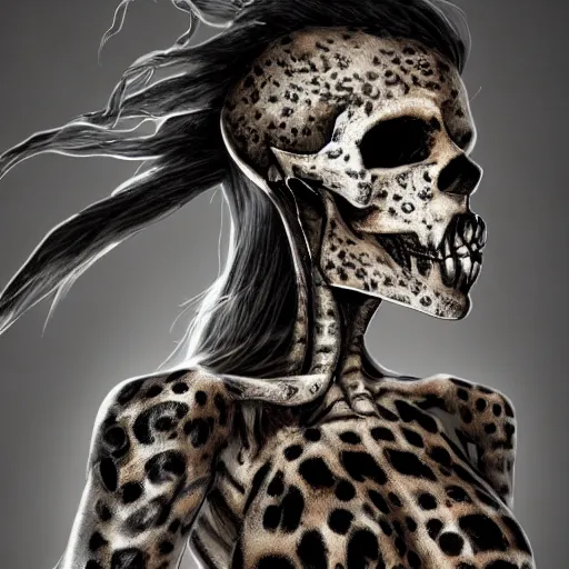 Prompt: Skull that look too much like skull!, crypt lurker!!, grasp of darkness!!!, 8k CG character rendering of a spider-like hunting female on its back, fangs extended, wearing a leopard-patterned dress, set against a white background, with textured hair and skin.