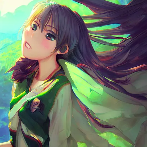 Image similar to anime girl in beautiful green valley and blue skies, digital art by Rossdraws and Artgerm.