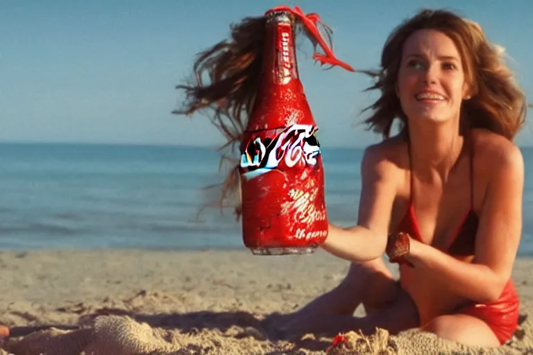 Prompt: Movie scene Coca-Cola ad Ellie Mae holding a Coca-Cola in bikini on the beach by Emmanuel Lubezki