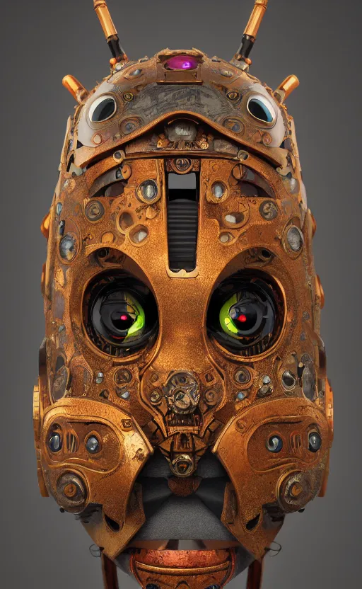 Image similar to steampunk tribal mask, robot, frog, japanese pottery, vivid colors, wood, metal, intricate details, trending on cgsociety, concept art, glowing eyes, sharp focus, ultra realistic details, cinematic atmosphere, global illumination, shadows, octane render, 8 k