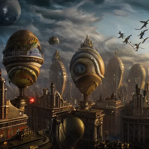 Image similar to enormous flying city!! in a gigantic faberge egg, sky!!!, steampunk, aetherpunk, fantasy art, unreal engine,