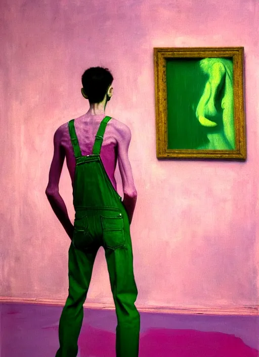 Image similar to a skinny, starving artist wearing overalls, painting the walls inside a grand messy studio, hauntingly surreal, highly detailed painting by francis bacon, edward hopper, adrian ghenie, gerhard richter, and james jean, soft light 4 k in pink, green and blue colour palette