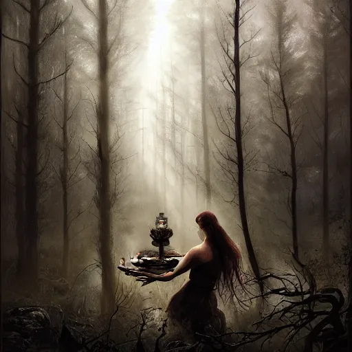 Image similar to witch performing a ritual in a dark forest painted by Raymond Swanland