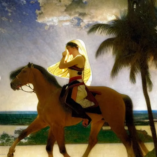 Image similar to Girl riding a horse leaving the palace through the bridge, thunderstorm, pool, beach and palm trees on the background major arcana sky, by paul delaroche, alphonse mucha and arnold böcklin arnold böcklin hyperrealistic 8k, very detailed