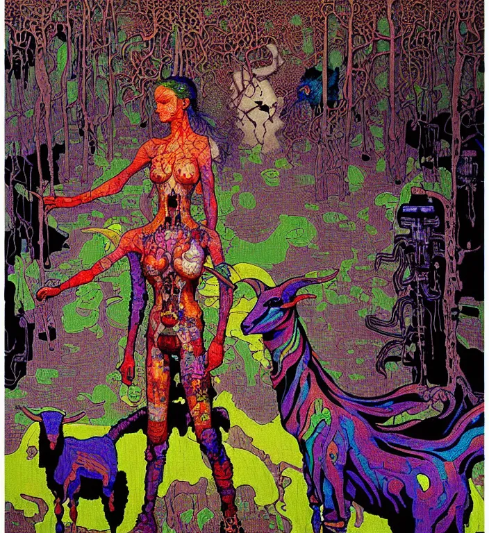 Prompt: pixelated corrupted over-saturated professional , abstract expressionism painting , defined colours 4k photo of a fully clothed punk person in the cyberpunk forest with a goat and a robot by Ivan Bilibin, Austin Osman Spare, high quality, ultra detailed. Beksinski painting, art by Takato Yamamoto. masterpiece, oil on canvas painting, pixelart, pixel sorting, datamosh, glitch. vivid acid neon colours. Futurism by beksinski carl spitzweg moebius and tuomas korpi. baroque elements. baroque element. intricate artwork by caravaggio. Oil painting. 3d rendered in octane. cinematin, pixiv, unreal5, 8k.