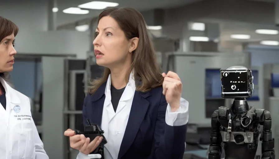 Image similar to big budget action movie about female scientist confronts male ceo about robot photographs