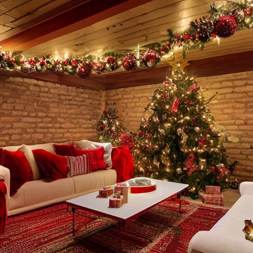 Prompt: interior of a cozy basement with christmas decorations, hd photo