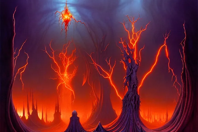 Prompt: darker shades of forgotten misery and despair by michael whelan and roger dean and quentin massys and hubert robert and greg staples and rudy nappi, beautiful, mythical, scaled robes, highly detailed, hyperrealistic, intricate, energy, orange electricity, blue flame, low light, purple crystals, high contrast, lifelike