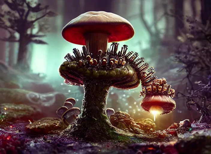 Image similar to 12mm intricate mechanical caterpillar with visible gears and electronics and optic Fibres sitting on top of a mushroom in a magical forest. Very detailed 8k. Fantasy cyberpunk horror. Sharp. Cinematic post-processing