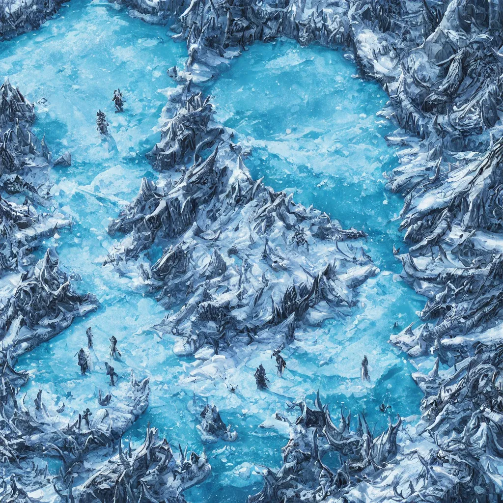 Image similar to a d & d background of a frozen lake with monsters beneath the ice, viewed from above, high quality digital art, illustration, gridless, vivid, blue tones, oil painting, trending on arstation, oil painting