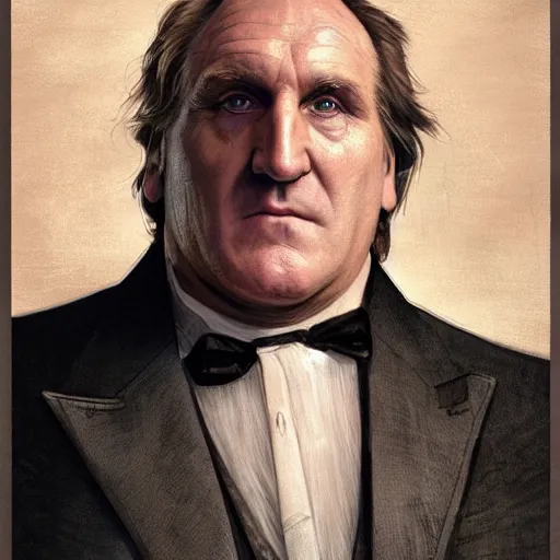 Image similar to [Gerard Depardieu as Batman as president of France!, closeup, D&D, intricate, elegant, highly detailed, digital painting, artstation, concept art, matte, sharp focus, illustration, art by Artgerm and Greg Rutkowski and Alphonse Mucha]