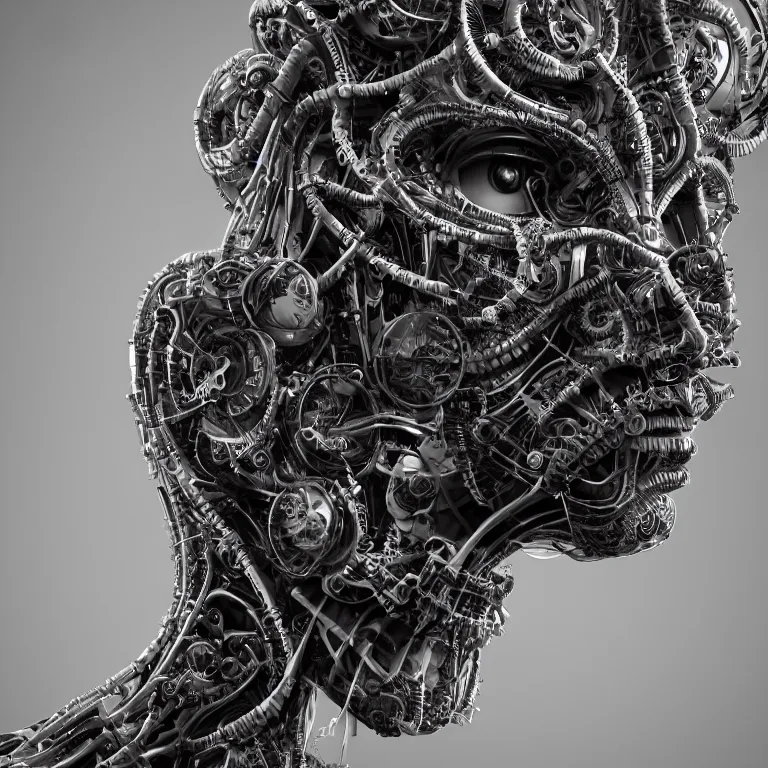 Image similar to surreal biomechanical spinal ribbed tribal organic face portrait of mechanical animal, beautiful detailed intricate insanely detailed BW 3D render digital art, octane render, 8K artistic photography, photorealistic