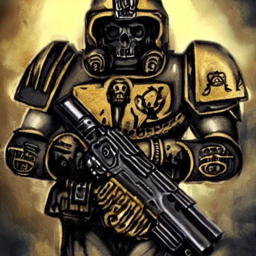 Prompt: a single human marine soldier full body with normal anatomy Warhammer 40k, wearing a small space marine skull helmet, wearing a full suit of symmetrical black space marine armor plating, golden skulls decorating armor, walking, holding arm up and aiming a bolt pistol, battlefield scene with smoke, seamless, grunge aesthetic