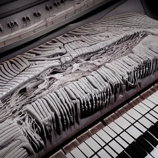Prompt: A Bio Piano made of human skin, sinew, muscle tissue and bone, 8k octane render highly detailed in the style of H.R. Giger.