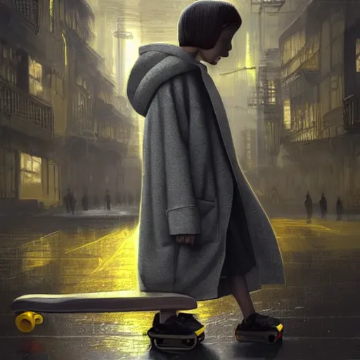 Image similar to a highly detailed epic cinematic concept art CG render digital painting artwork costume design: a girl in a 1950s extremely oversized hoodie and giant 1950s man's coat, with a skateboard. all in grey and yellow. By Greg Rutkowski, Ilya Kuvshinov, WLOP, Stanley Artgerm Lau, Ruan Jia and Fenghua Zhong, trending on ArtStation, made in Maya, Blender and Photoshop, octane render, excellent composition, cinematic atmosphere, dynamic dramatic cinematic lighting, aesthetic, very inspirational, arthouse