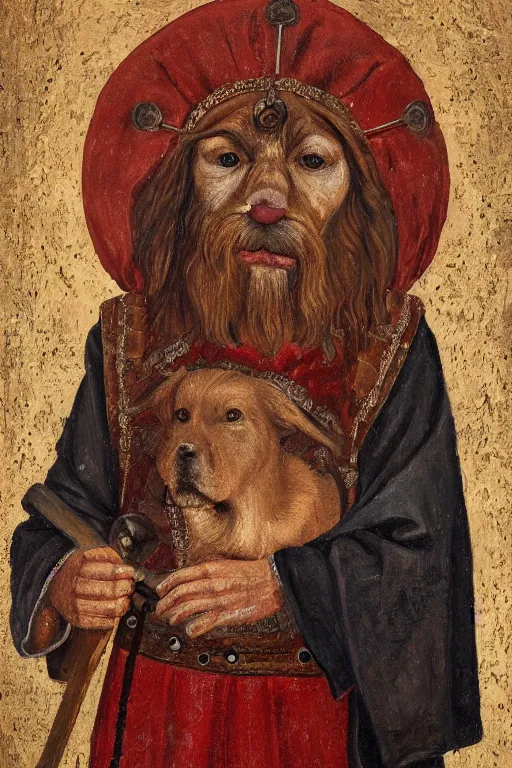 Image similar to Slavic dog head man, woolen torso in medieval clothes, Orthodox Saint Christopher, oil painting, hyperrealism, beautiful, high resolution, trending on artstation, holding axe,