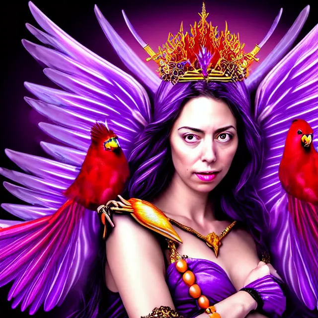 Image similar to Princess sorceress with red flaming bird wings on her back and sitting on an ornate throne dressed in a fancy purple dress, beautiful realistic face similar to aubrey plaza, Fantasy, Full Portrait, High detail, realistic, planeswalker