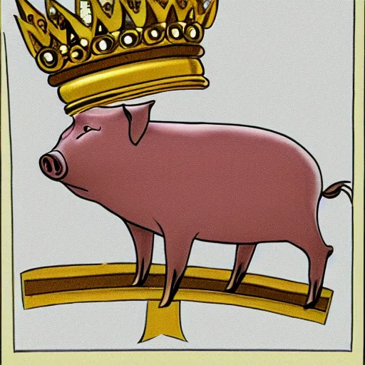 Image similar to a pig wearing a gold crown in the style of Chuck Jones