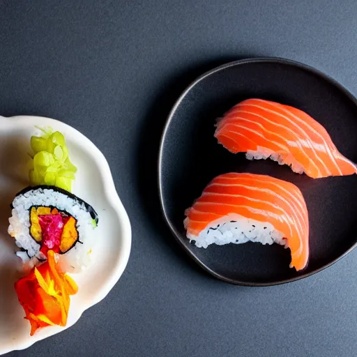 Prompt: a photo of sushi on a plate, recipe, beautiful lighting, high detail,