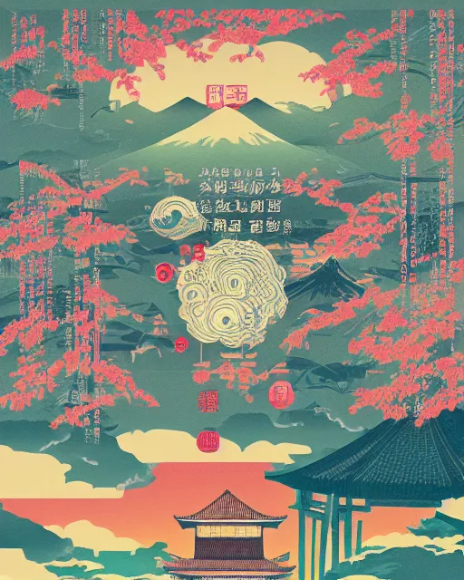 Image similar to highly creative award winning poster art collage to promote a TV series about discovering the wonders of the Japanese countryside, risograph