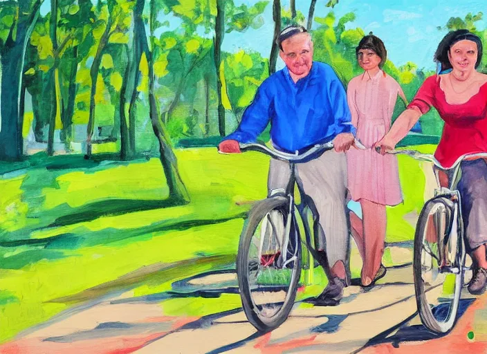 Prompt: a couple on bicycles in the park painting