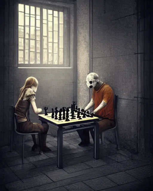 Image similar to danish person sat playing chess with death in a train station, ultra realistic, concept art, intricate details, highly detailed