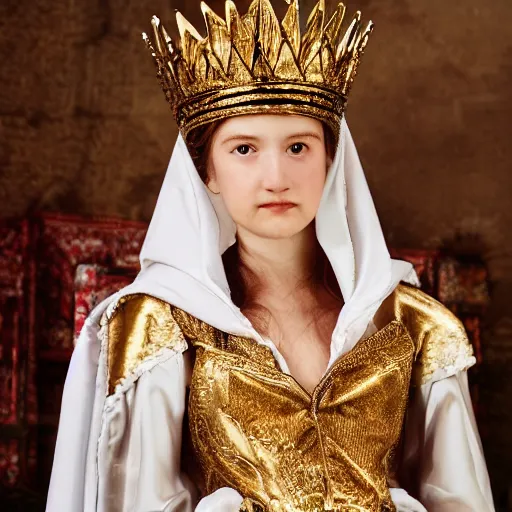 Prompt: a 1 5 years old girl wearing regal clothes and a golden crown