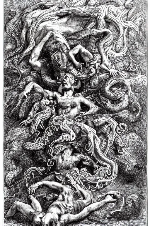 Image similar to very detailed ink drawing of a screaming head of Hercules with snakes coming out from the eyes, surrounded by serpents and falling feathers by gustave dore, poster, fine art, etching, biblical