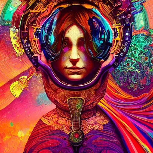 Image similar to An extremely psychedelic experience, colorful, surreal, dramatic lighting, cosmonaut, LSD, face, detailed, intricate, elegant, highly detailed, digital painting, artstation, concept art, smooth, sharp focus, illustration, art by Sam Spratt, Dan Mumford, Artem Demura and Alphonse Mucha