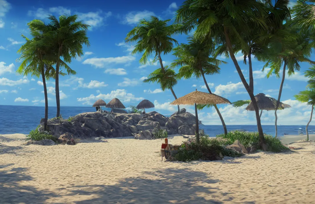 Prompt: on the beach by the sea, afternoon, very real, unreal engine rendering