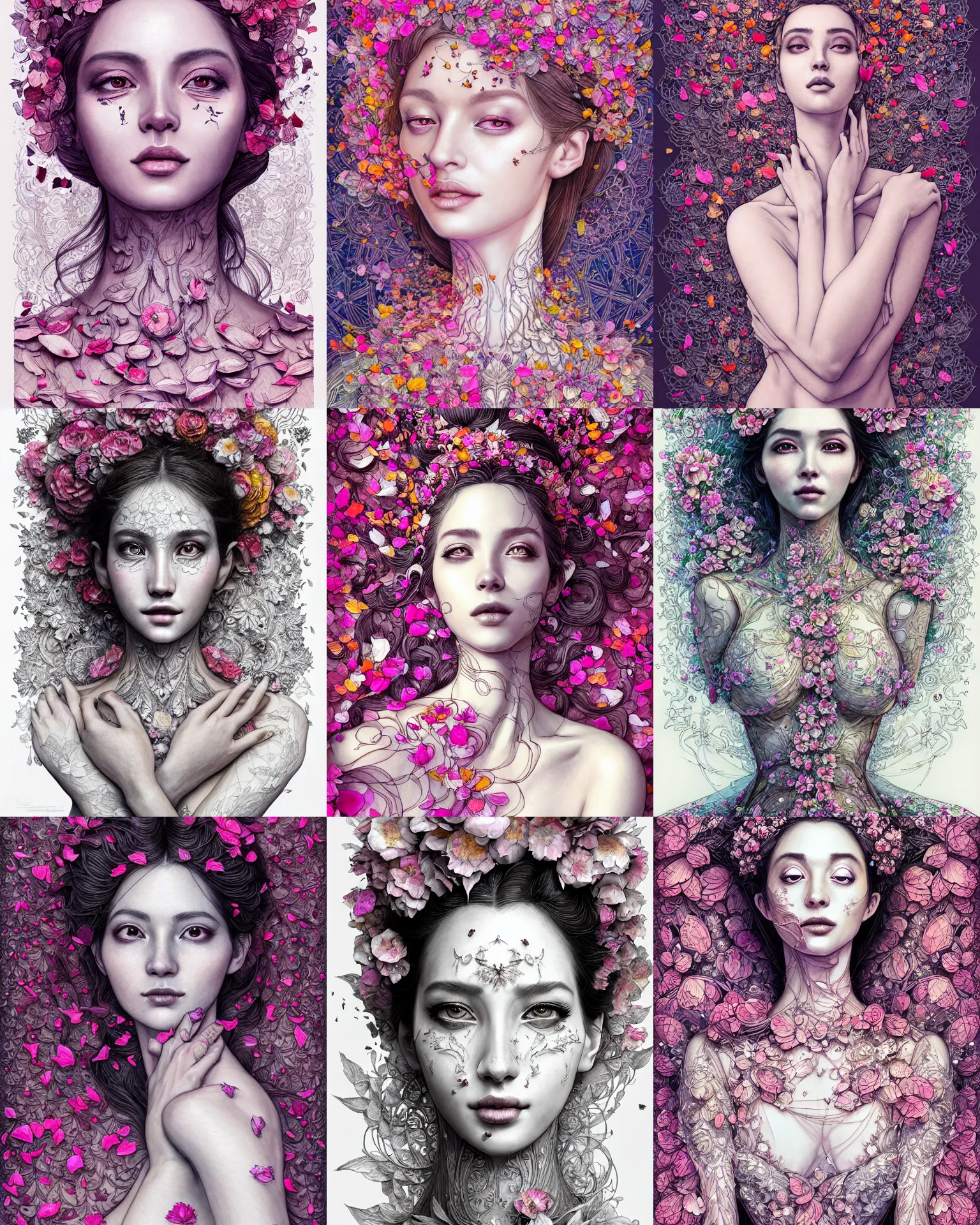 Prompt: the portrait of an absurdly beautiful, graceful, elegant, and perky woman made of petals, an ultrafine detailed illustration by vania zouravliov, rossdraws, irakli nadar, intricate linework, bright colors, final fantasy, behance contest winner, angular, unreal engine 5 highly rendered, global illumination, radiant light, detailed and intricate environment