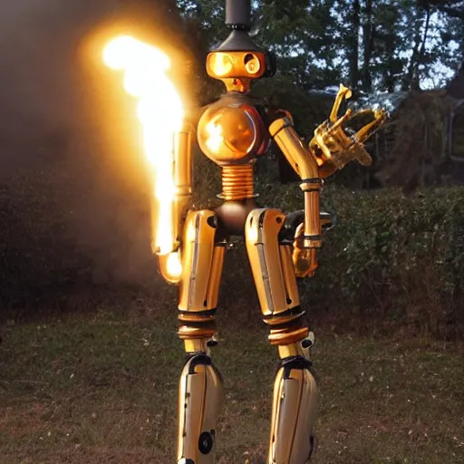 Prompt: humanoid robot with a flamethrower steampunk engine