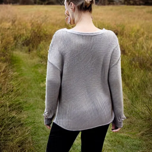 Prompt: a true-to-life portrait of a lady wearing backless sweater, real-life accurate, photoshoot