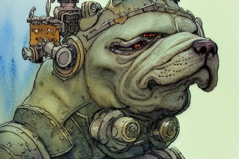 Prompt: a simple and atmospheric watercolour fantasy character concept art portrait of a mechanized android bulldog as a druidic warrior wizard looking at the camera with an intelligent gaze, very muted colors, by rebecca guay, michael kaluta, charles vess and jean moebius giraud