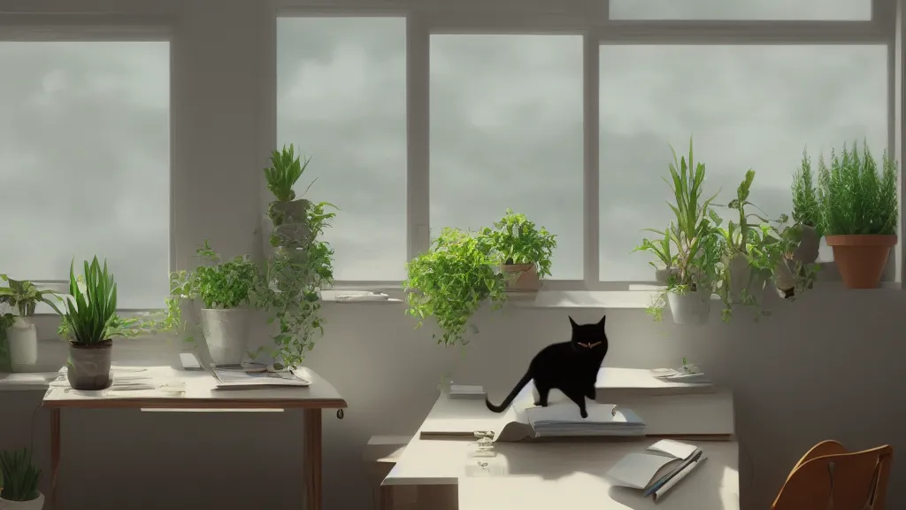 Image similar to peaceful dreamy painting of a sitting at a desk with a black cat, sunshine coming through the window, small plants on the window sill, 8k, hyper realism, trending on artstation, octane render
