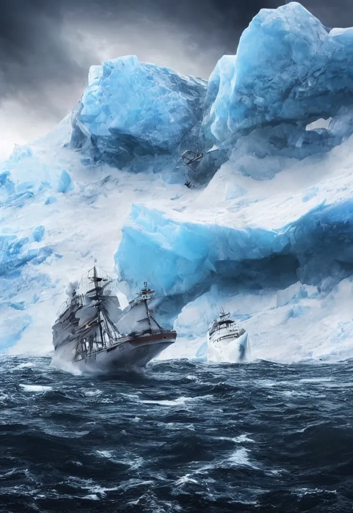 Image similar to ship being persecuted by a police ship over raging turbulent waters in antartica, icebergs in the background, hyper realistic, highly detailed, digital art, apocalyptic, intimidating lighting, raytracing, sharp focus, smooth, romanticism