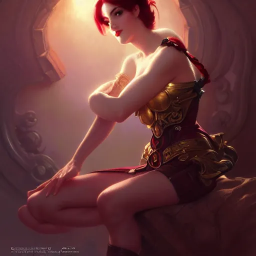 Prompt: of Katarina from League of Legends, dark fantasy, medium shot, intricate, ornate, elegant, highly detailed, digital painting, volumetric light,, artstation, concept art, smooth, sharp focus, illustration, art by Gil elvgren and charlie bowater and greg rutkowski and alphonse mucha