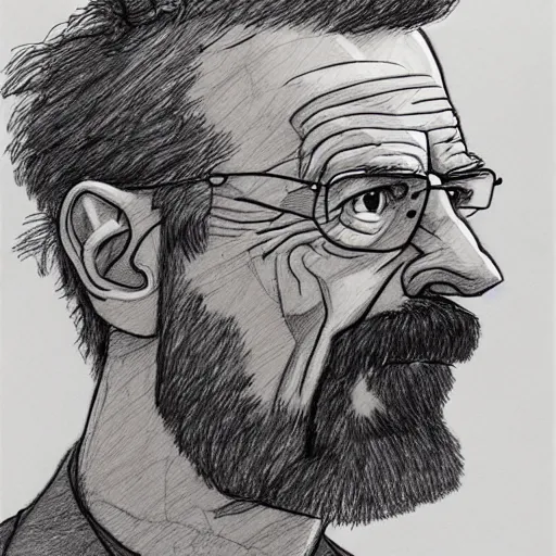 Image similar to a realistic yet scraggly portrait sketch of the side profile of a stern and sophisticated walter white, trending on artstation, intricate details, in the style of frank auerbach, in the style of sergio aragones, in the style of martin ansin, in the style of david aja, in the style of mattias adolfsson