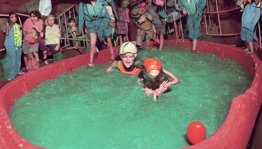 Prompt: 1990s photo of inside the Wacky Mouse Trap Slime Pit ride at Universal Studios in Orlando, Florida, children riding through scary sewer filled with rat monsters and slime, cinematic, UHD