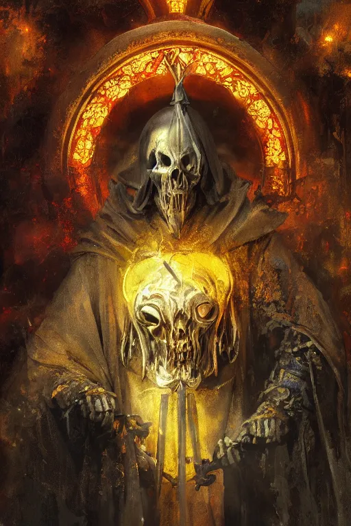 Prompt: breathtaking detailed painting of grim reaper with a big headdress, by ruan jia, meat and bones cloak, golden twilight stained glass, amalgamation of embers, 8 k, concept art, matte, sharp focus, rembrandt style