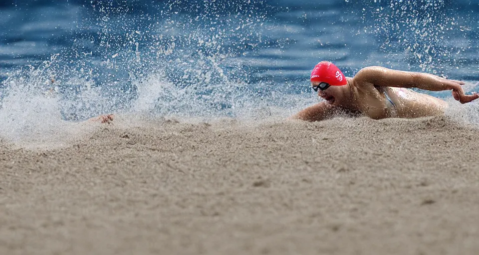 Image similar to olympic swimming in sand instead of water, extremely coherent, motion blur