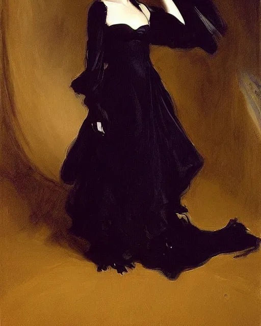 Prompt: style of john singer sargent : : gorgeous willa holland : : evil witch, swirling black magic : : symmetrical face, symmetrical eyes : : full body pose : : gorgeous black hair : : magic lighting, low spacial lighting : :