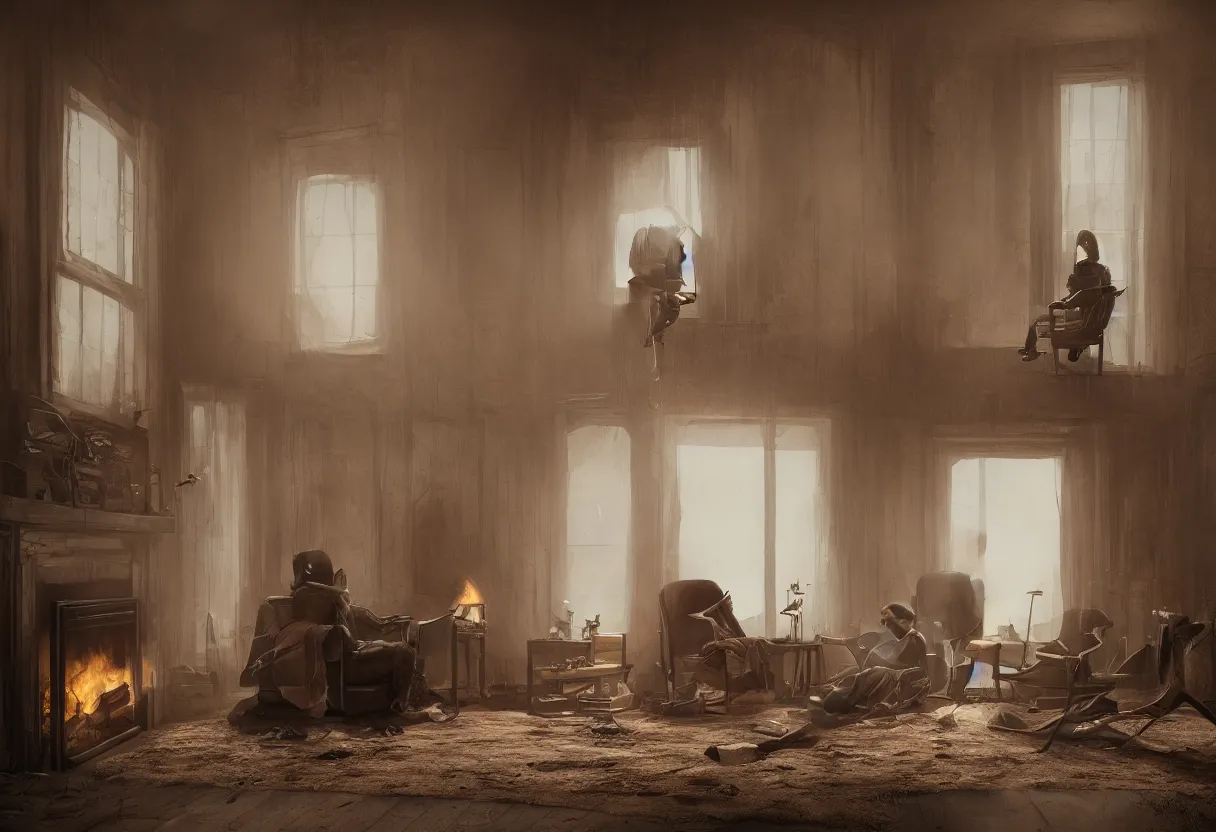 Image similar to intimate portrait photograph of one single lone solitary futuristic robot sitting on a frayed recliner in front of a beautiful fireplace with a cozy fire, in a dupost-apocalyptic Victorian home, soft morning light seeping in a window, with cinematic lighting and lens flare, tall ceiling, octane render, cgsociety, by Simon Stalenhag and Alfonso Cuaron, highly detailed closeup portrait, award-winning highly detailed 8k anamorphic closeup tight cinematic movie photograph