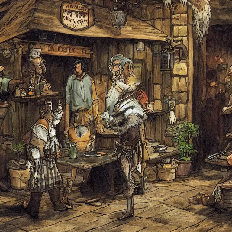 Image similar to a single emu in a halfling tavern, fantasy rpg book illustration