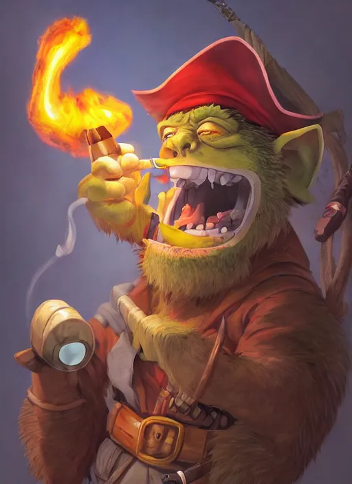 Image similar to studio ghibli pathfinder 2 e illustration of a goblin mixed with a monkey smoking a cigar, pirate themed, character portrait, unreal engine, hyper realism, realistic shading, cinematic composition, realistic render, octane render, detailed textures, photorealistic, wide shot