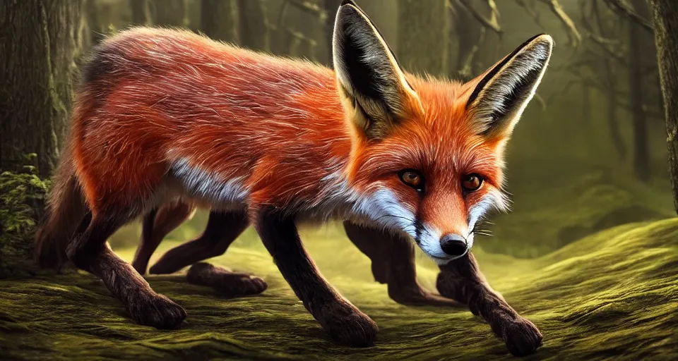 Prompt: A beautiful hyper realistic ultra detailed lifelike matte painting of a fox in a forest, unreal engine, deviantart, flickr, artstation, octane render, textured, colorful, extreme realistic detail, physically based rendering, pbr render, very detailed, volumetric lighting, detailed lighting, octane render, 4k, cinematic lighting, 8k resolution