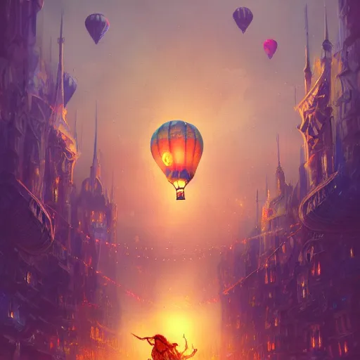 Prompt: a beautiful stunning fantasy whimsical matte digital illustration of a scene of a hot - air balloon powered by magic over a lit city at night by marc simonetti, pastel color palette, disney magic the gathering steampunk, chiaroscuro magical bokeh moon stars dramatic romantic epic breathtaking, trending on artstation hq, masterpiece