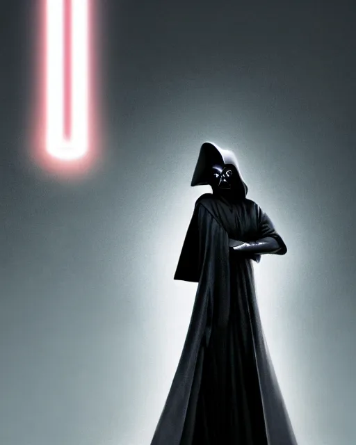 Image similar to half body shot, 1 8 years old dark lord of the sith judy garland wearing a hooded jedi cloak, with long black hair standing in deathstar hallway, rim light, volumetric lighting, digital painting, artstation, concept art, smooth, sharp focus, illustration, art by arney freytag, glamour pose, greg rutkowski, soft ambient lighting, particle effects