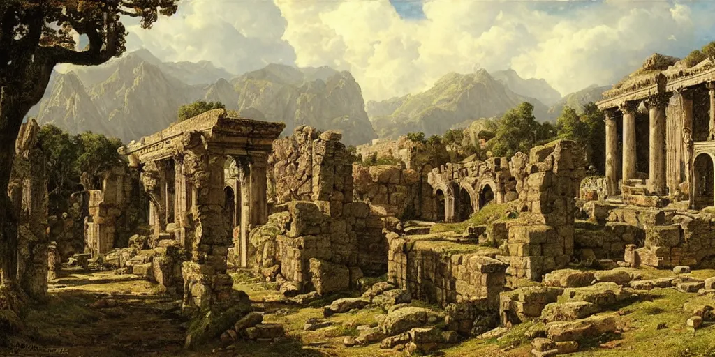 Image similar to roman ruins in mountains by ferdinand knab,