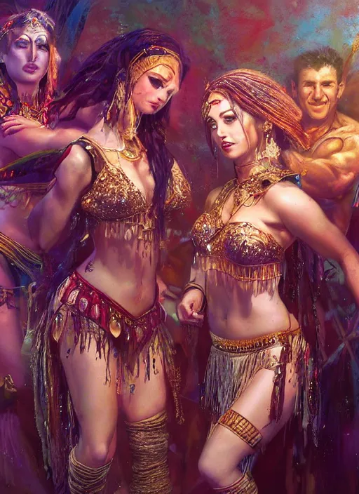 Image similar to hyper realistic photography of bellydancer festival warrior curvy partygirl cinematic, vallejo, julie bell, craig mullins greg rutkowski, rowena morrill, juan gimenez